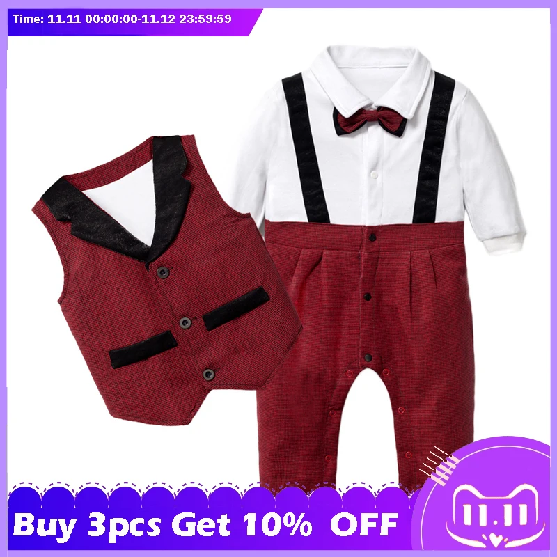 

Children Christmas Costume Infants British Vest Bodysuit Climbing Gentleman Hat Boy 1 Year-Old Clothing Newborn Gentleman Suit