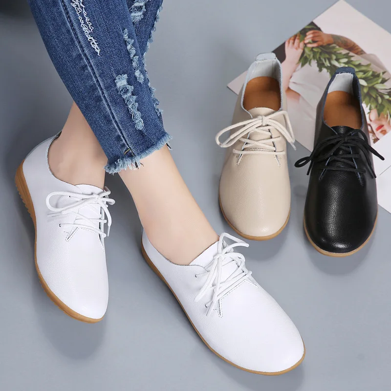 

Flat Pumps Women's Autumn Women's Shoes round Toe Lace-up White Shoes Women's All-Match Autumn Leisure Leather Shoes
