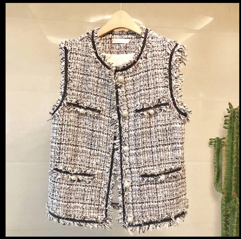 New Spring Fall Small Fragrance Women's Vest Jacket Pearl Button Elegant Tassel Tweed Coat Lady's Woolen Waistcoat | Женская