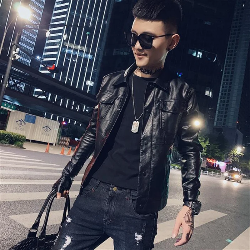 PU leather jacket men's motorcycle clothing autumn winter plus velvet double pocket youth snap button self-cultivation hunting