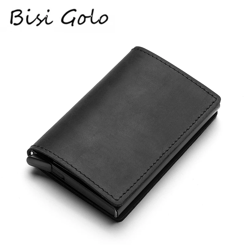 

BISI GORO 2021 Genuine Leather Smart Wallet Aluminum Box RFID Slim Thin Single Box New Card Case Clutch Pop-up Card Holder