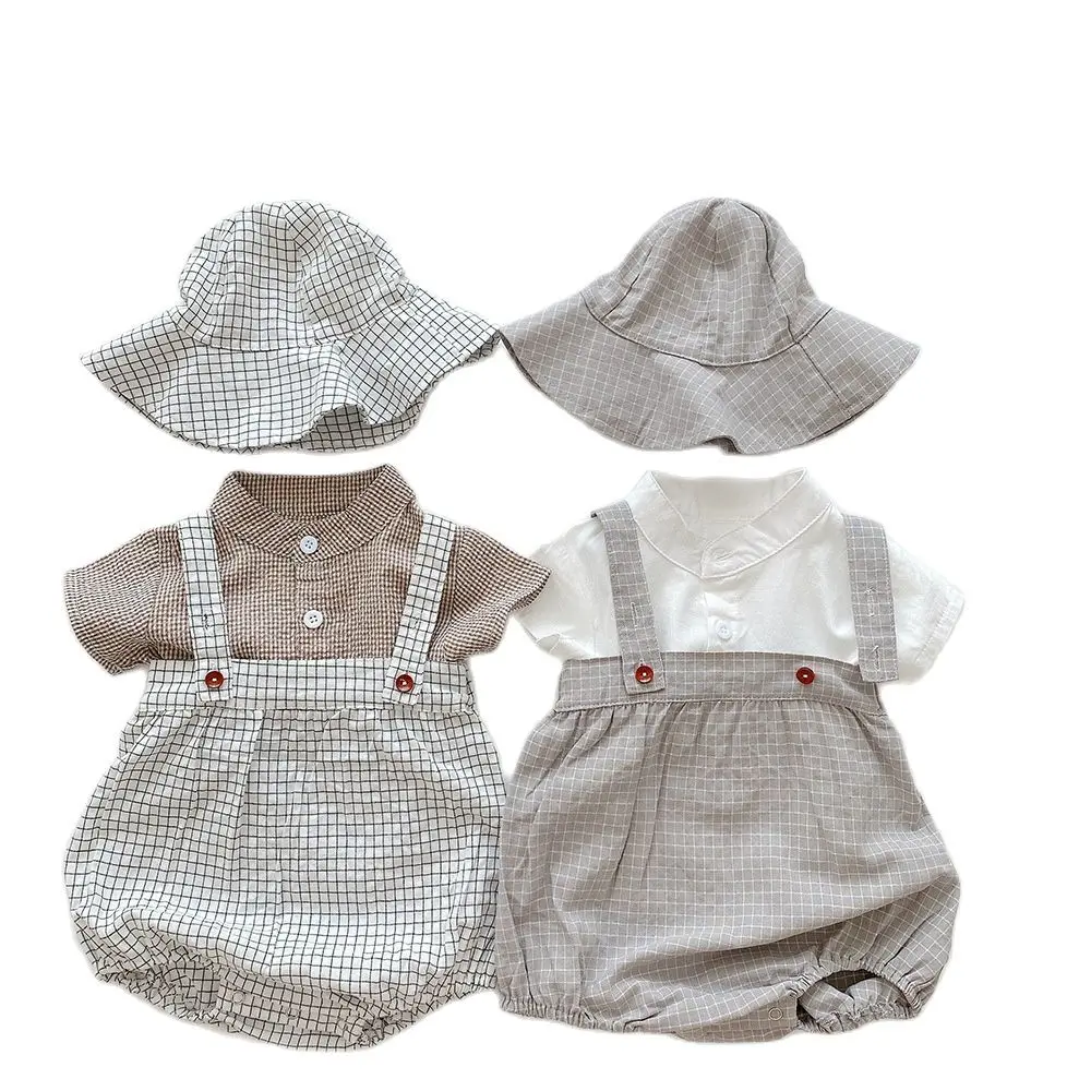 

2021 летнее платье в Корейском стиле для маленьких мальчиков комбинезон с коротким рукавом из хлопка, рубашка, комбинезон и шапочка для новор...