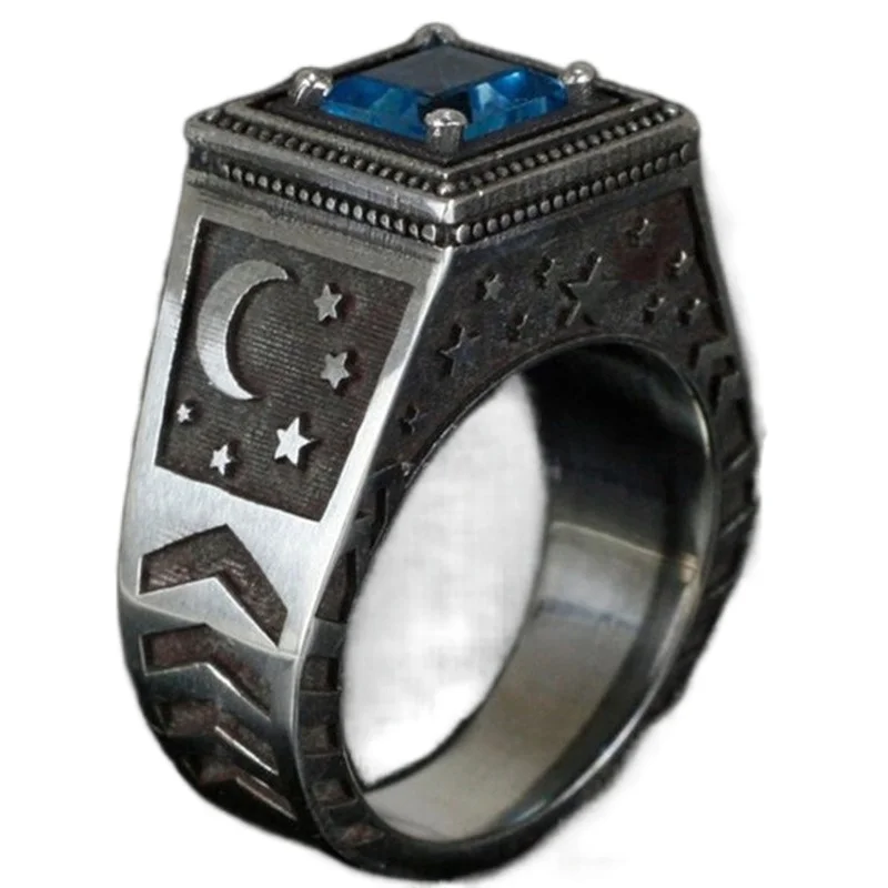 Мужское кольцо в стиле ретро с сапфиром и Луной