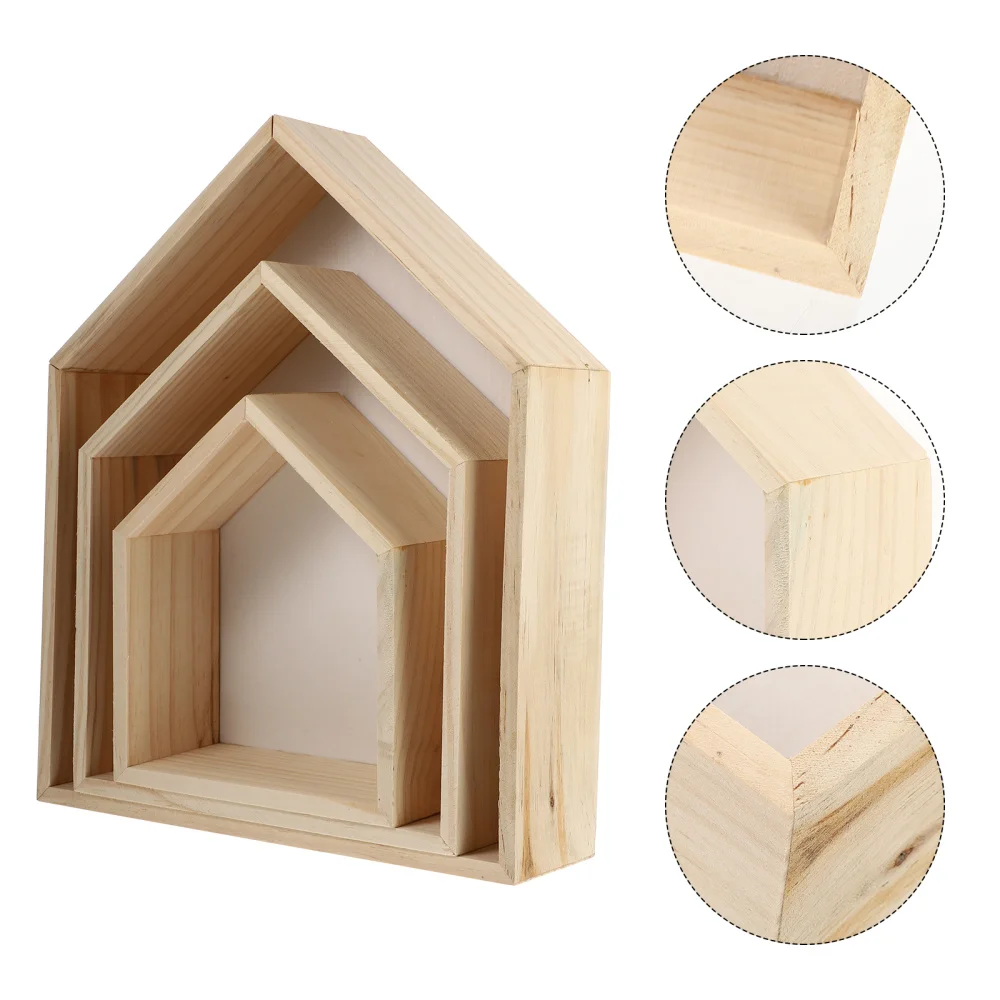 

3pcs Wall Mount Household Storage Rack House Shape Wooden Display Shelf