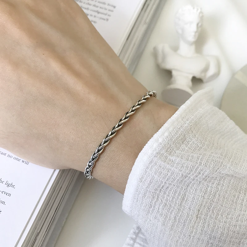 

Thin Thai Silver 925 Sterling Silver Handmade Twist Woven Bangle For Women Vintage Retro Korean Jewelry Gifts