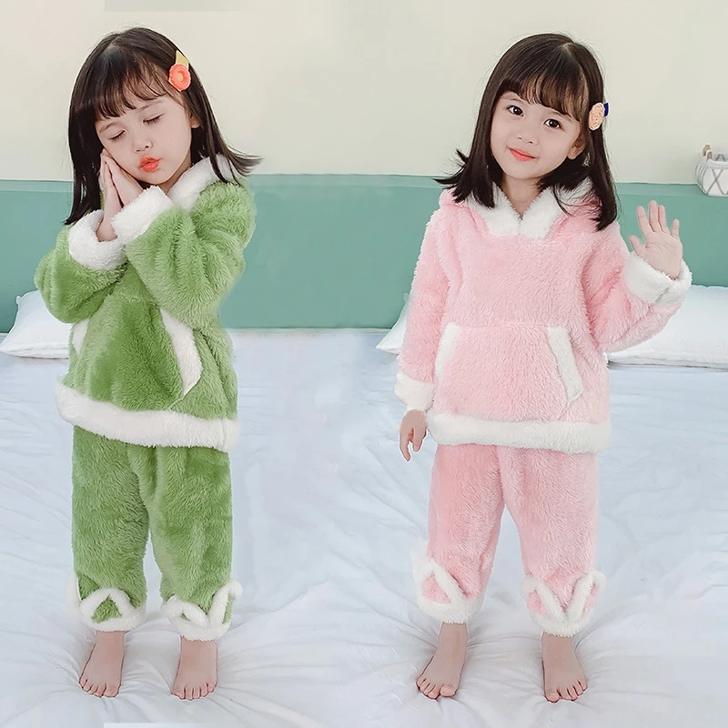 

2pcs/set Children Pajamas Set Baby Girls Winter Coral Fleece Sleepwear Cartoon Hooded Flannel Pyjamas Kids Plush Home Clothes