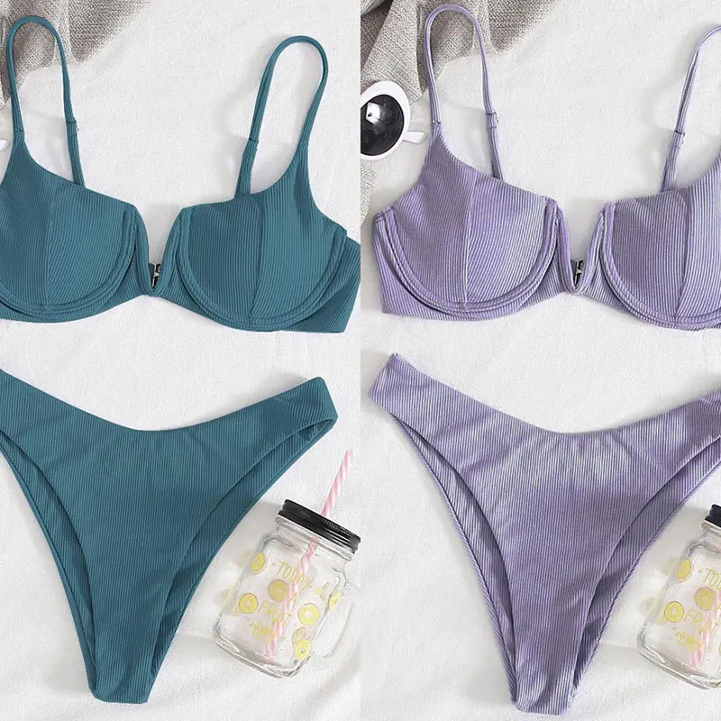 

Solid Color Swimsuit 2021 Summer Beachwear Women'Swimwear V Neck Bathing Suit Micro Thong Sexy Rib Bikini Set Push Up Biquini