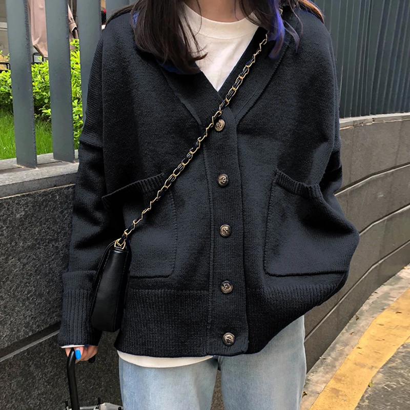 Women Cardigans Blue Sweater V neck Jacket Pocket Soft Coat Red Pink Green Solid Color Knitted Loose Designer Single Breasted |
