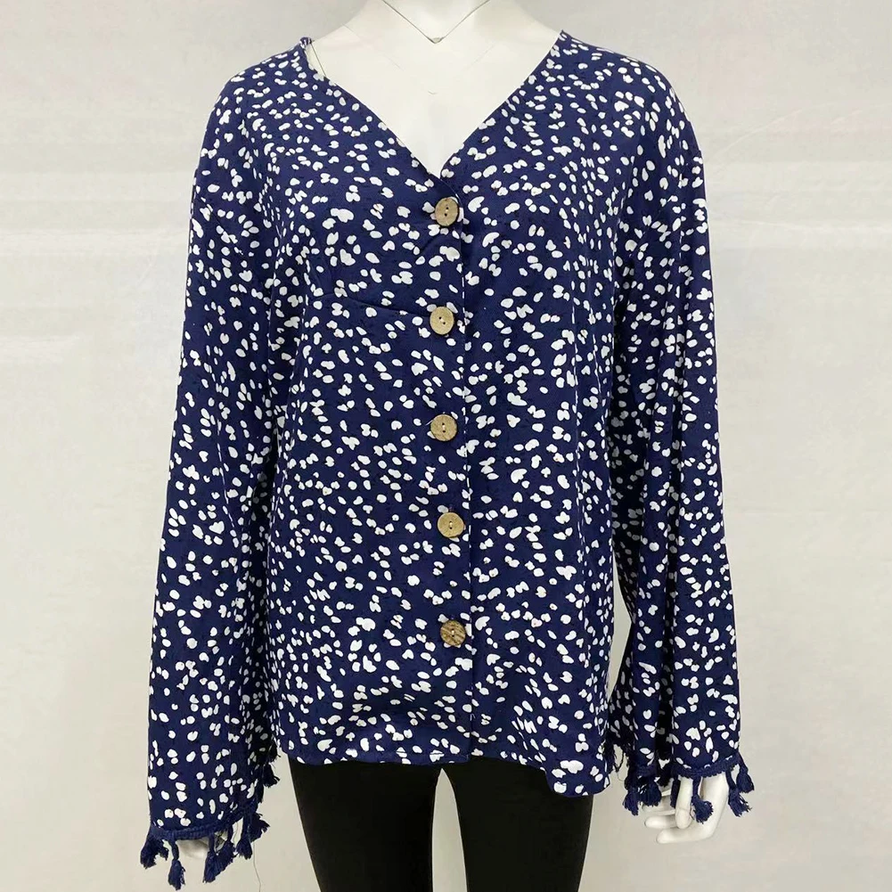 

Women Casual V Neck Long Sleeve Blouse Print Tassels Cuff Loose Shirt