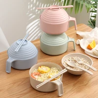 5pcs wheat straw multifunctional with lid bowl spoon fork chopsticks eating dinnerware set anti hot bowl microwavable bowl