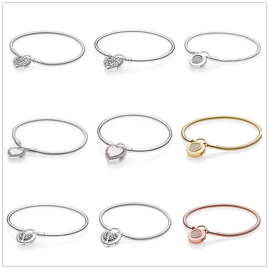 

Authentic 925 Sterling Silver Rose Signature Padlock Smooth Snake Chain Bracelet Bangle Fit Women Bead Charm Fashion Jewelry