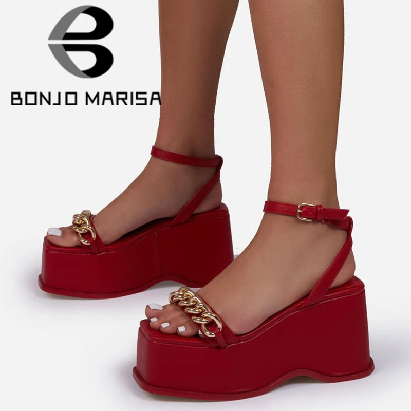 

BONJOMARISA Brand Platform Wedges Open Toe Metal Chain Ankle Strappy Sandals Women Stylish Punk Cool Summer Outdoor Shoes Women