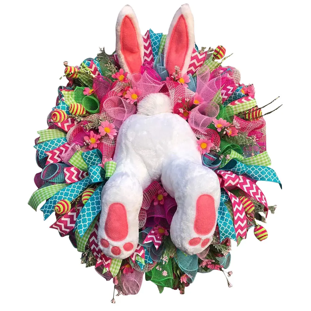 

2021 Easter Bunny Wreath with Ears Cartoon Rabbit Shape Cute Door Decorations Spring Outdoor Indoor Welcome Sign Home Decoration