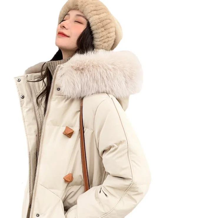 

2021 real fox fur collar white duck down jacket women mid-length fashion warm and comfortable jacket