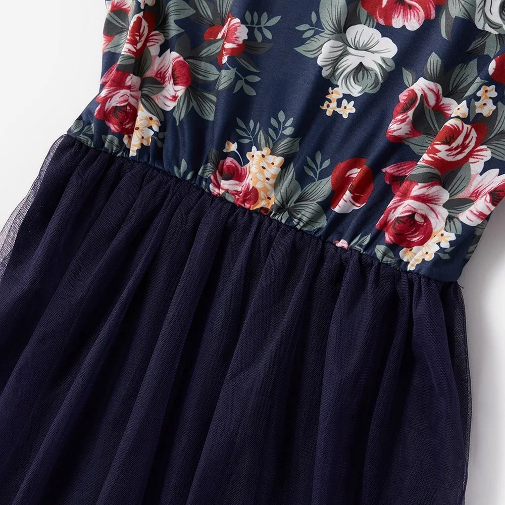 

Mother Daughter Dresses 2020 New Floral Printed Stitching Mesh Short-sleeve Dresses For Mom Daughter Family Look Matching Outfit