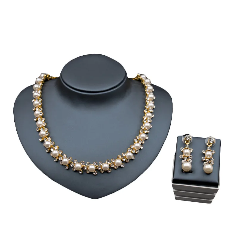 

Imitation Pearl Necklace Earrings Dubai Wedding Jewelry Set for Women Dresses Accessories Gold Colors
