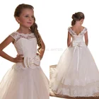 Платье принцессы с цветочным принтом для девочек, Бальное кружевное бальное платье с глубоким круглым вырезом, открытой спиной, аппликацией и бантом из тюля для первого причастия, одежда для детей