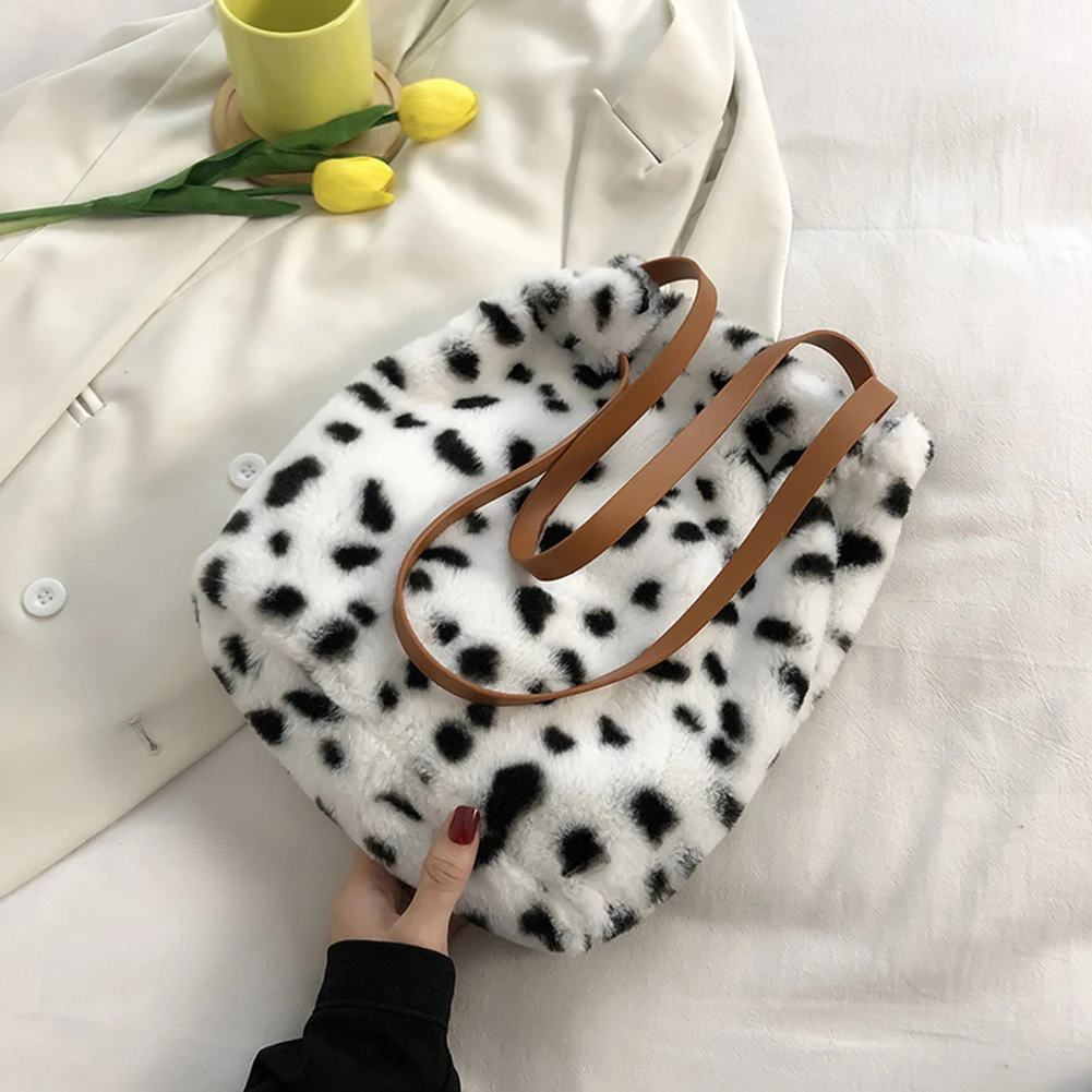 

Women Autumn Winter Soft Plush Shoulder Tote Bag Animal Spot Printing Large Capacity Handbags