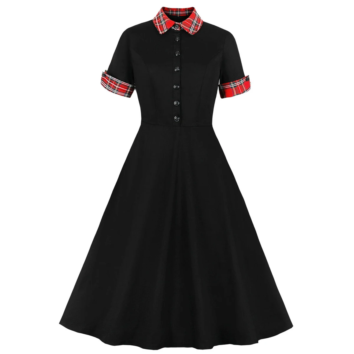 2021 Plaid Print Black Women Casual Rockabilly Dress 40s 50s 60s Summer Button Front Shirt Sundress A Line Party Swing Dresses