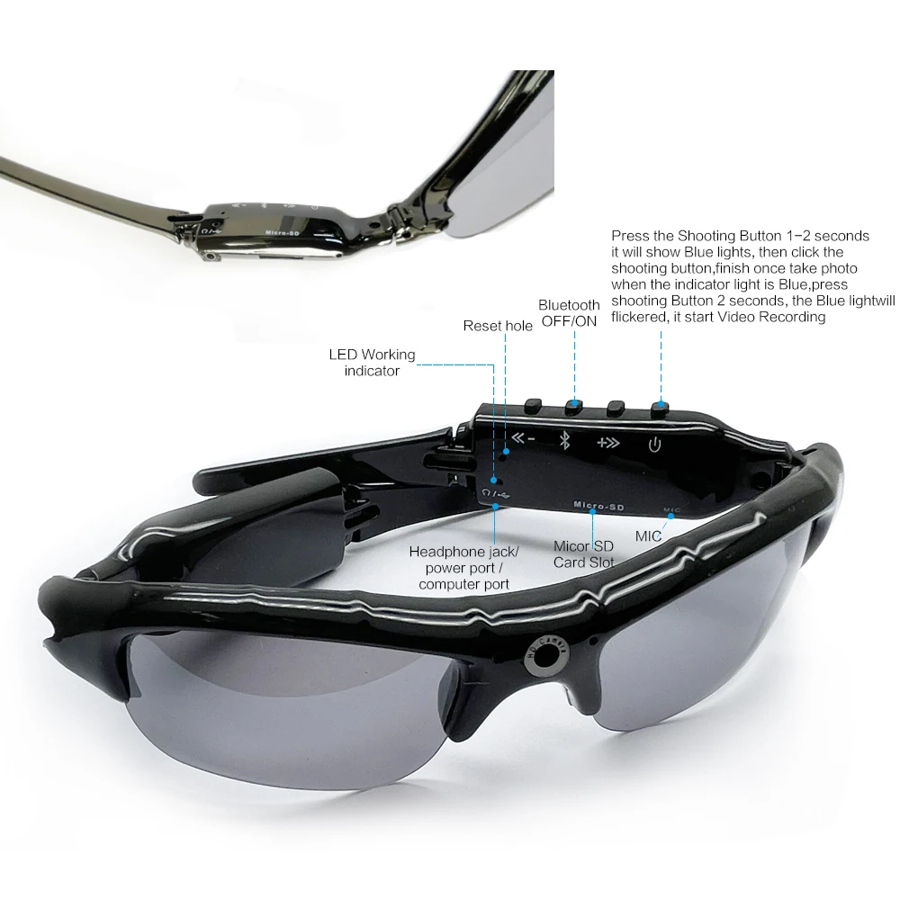 저렴한 스마트 HD 1080P 32GB 편광 렌즈 미니 선글라스 카메라, 다기능 블루투스 MP3 플레이어 스포츠 DV 비디오 레코더