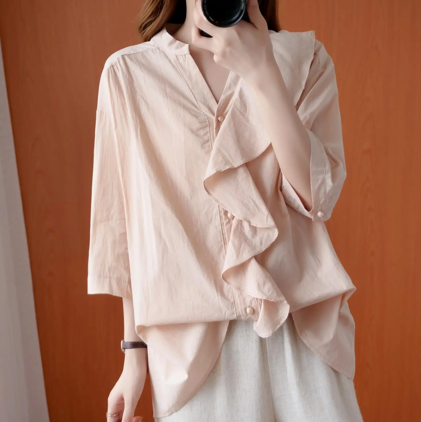 

Casual Women Tops Women Clothes Fashion solid cotton ruffle Shirts Women V-neck Blouse Korean Loose Japanese Ladies Blouse