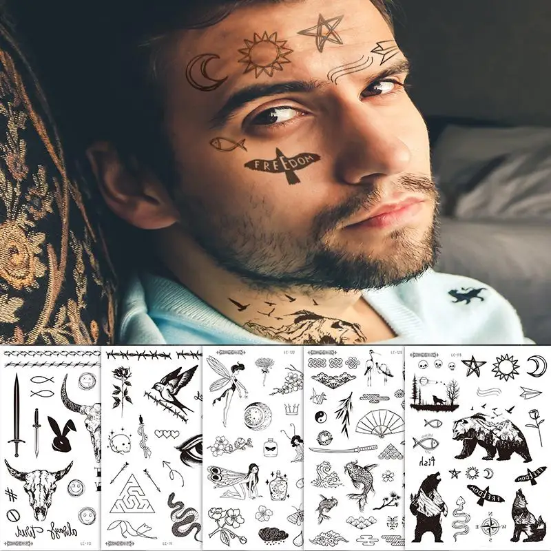 

Waterproof Temporary Tattoos For Men Woman Face & Body Art Fake Sleeve Black Bull Skull Eye Animal Cool Stuff Transfer Stickers