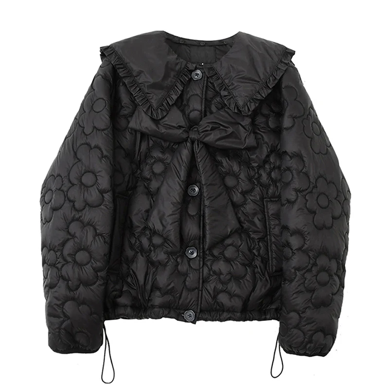 

Winter Women Elegant Short Cotton Jacket Bow Peter Pan Collar Oversize Warm Thick Kawaii Female Puffer Jacket Cotton-Padded Coat