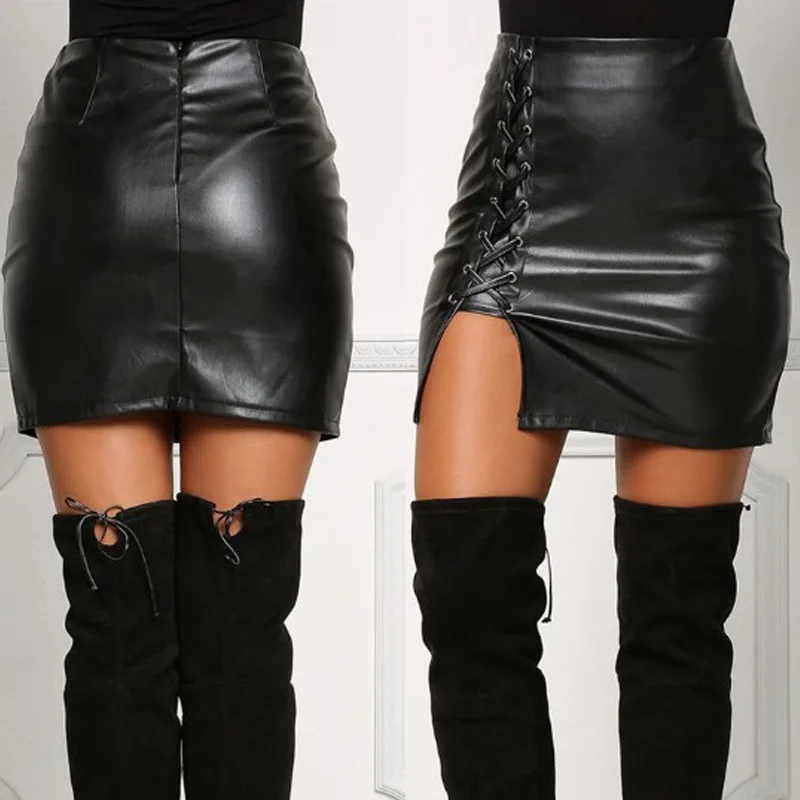 

Ladies Over-the-Knee Black PU Leather Mini Skirt Winter Women's High Waist Tight-Fitting Front Slit Elegant Short Skirt
