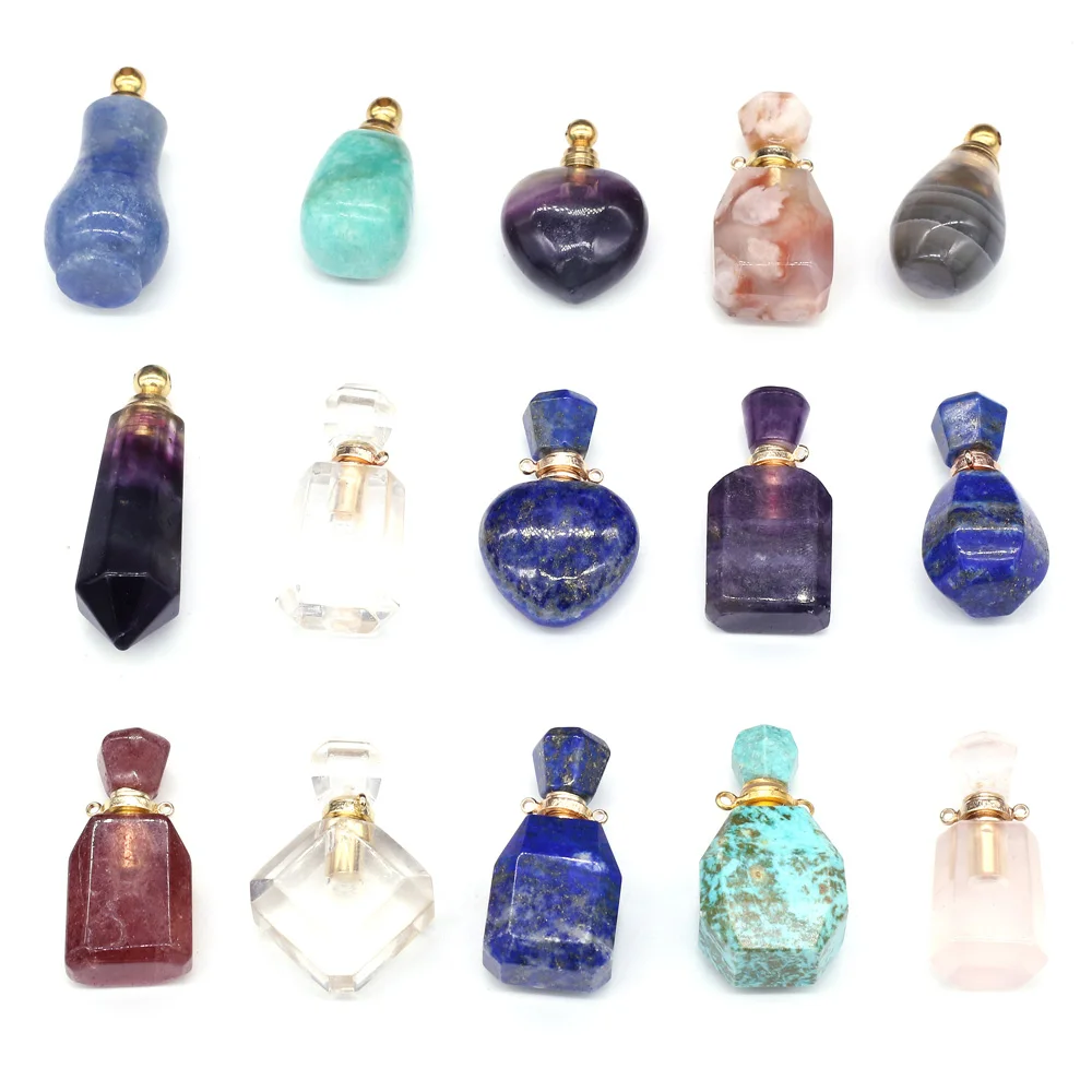 

Natural Stone Agates Quartz Perfume Bottle Lapis Lazuli Amethysts Pendant Essential Oil Diffuser Necklace Women Jewelry Gift