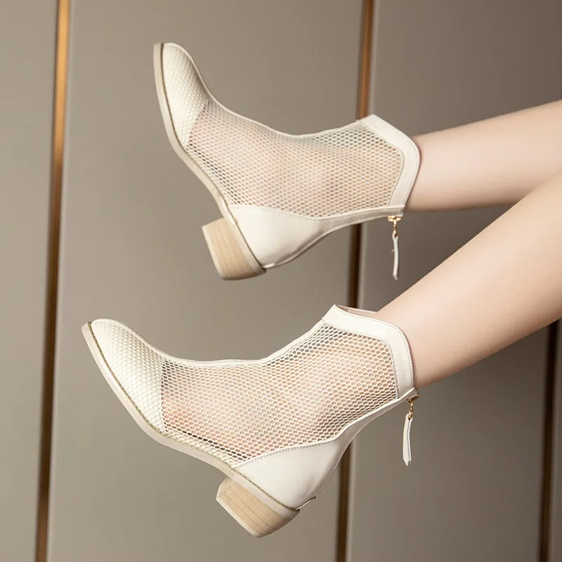 

Mesh boots women's summer thin breathable cool boots 2021 new thick heel V mouth pointed hollow high heel boots