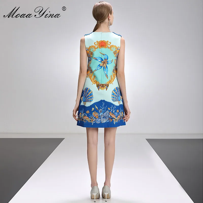 

MoaaYina Fashion Designer Dress Summer Women's dress Sleeveless Beaded Conch Shell Print Short Dresses