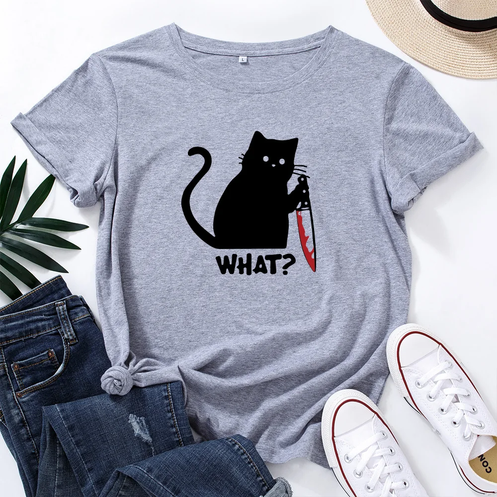 

Plus Size Short Sleeve Funny Cat Print Summer Cotton Tops Women Aesthetic Graphic Tee Shirt Woman Clothes Casual Loose Tshirt