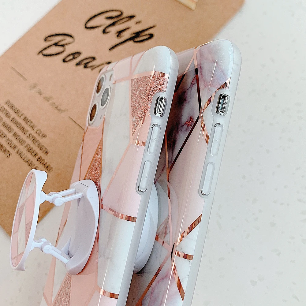Plated Geometric Marble Strech Holder Phone Case For iPhone 11 Pro Max XR X XS 7 8 6S Plus Soft IMD Cover Bag | Мобильные телефоны