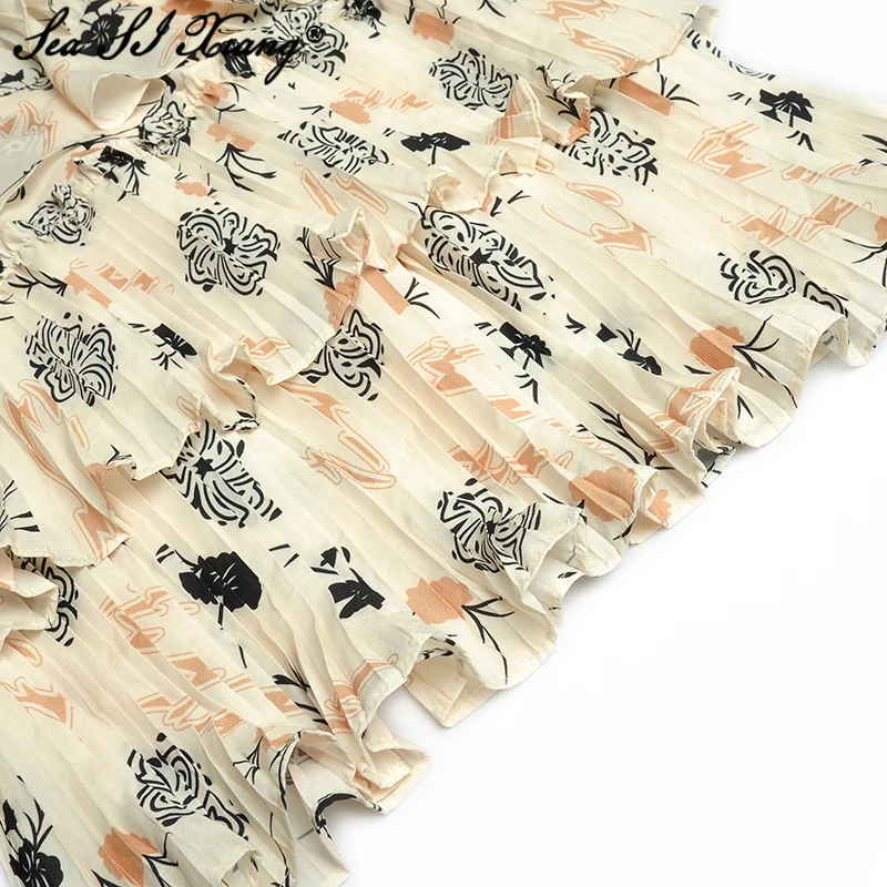 

Seasixiang Fashion Designer Summer Dress Women V-Neck Short Sleeve Cascading Ruffle Floral Print Pleated Dresses