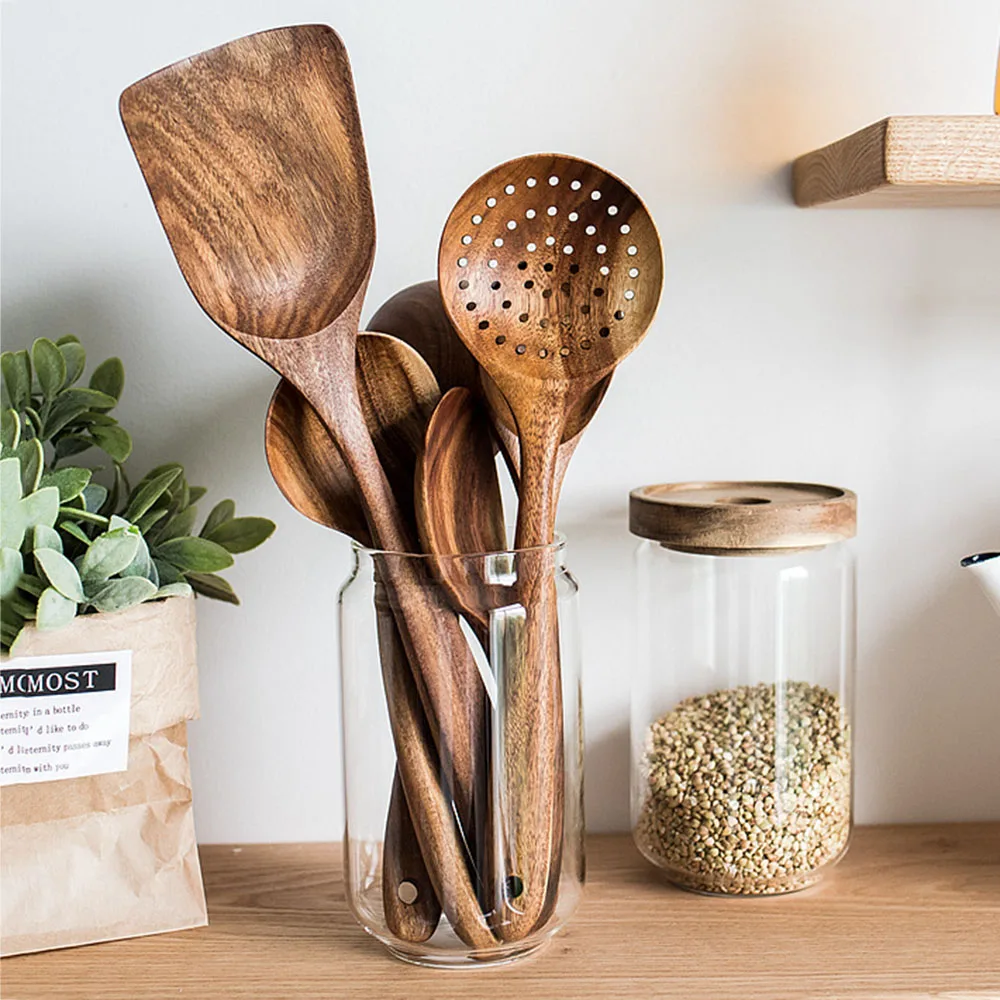 

Teak Tableware Spoon Colander Long Handle Wooden Non-Stick Special Spatula Kitchen Tool Set New Gift