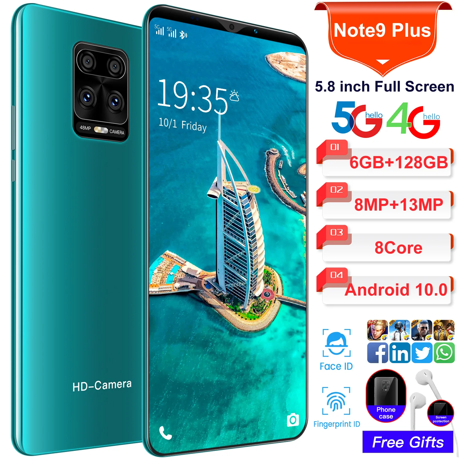 

Hot Sale Global Version Note9 Pro 5.8 Inch Smart phone 6GB+128GB Andorid Phone HD Screen Face ID Dual SIM 5G Notework Cellphones