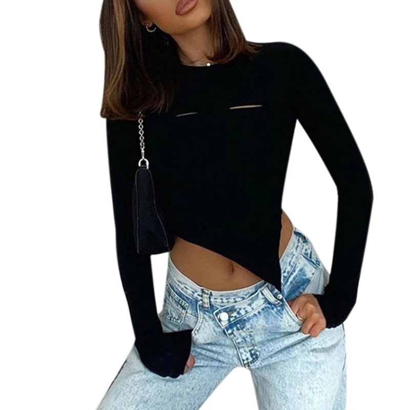 

IMCUTE Sexy Tailored T-shirt Women's Round Neck Hollow Long Sleeve Slim T-shirt Personality Wrapped Chest Top Casual T-shirts
