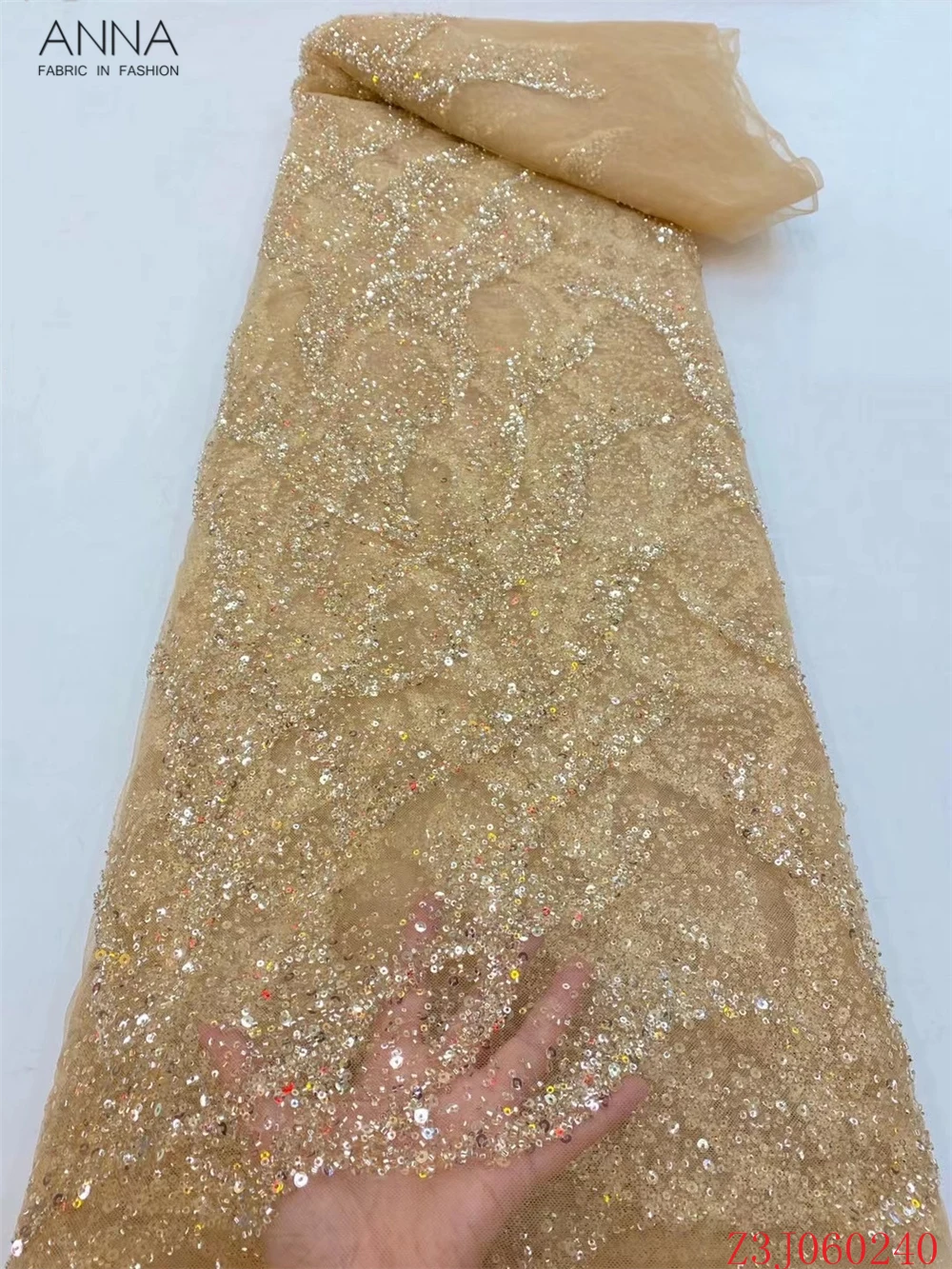 

Anna embroidery sequins lace fabric with handmade beads 5 yard african fabric 2021 high quality nigerian party sewing lace dress