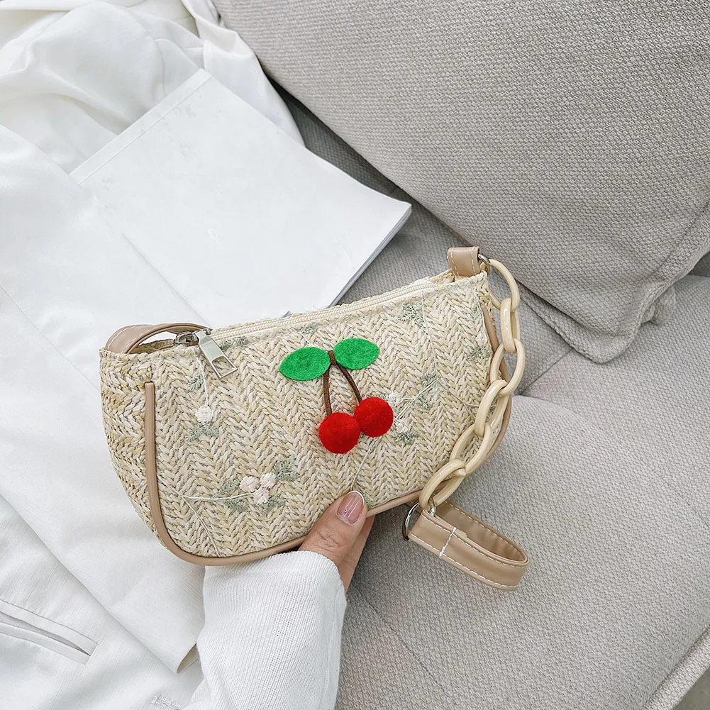 

Retro Women Woven Handbags Lace Flower Embroidery Small Shoulder Underarm Elegant Rattan Straw Beach Mesh Shoulder Bag