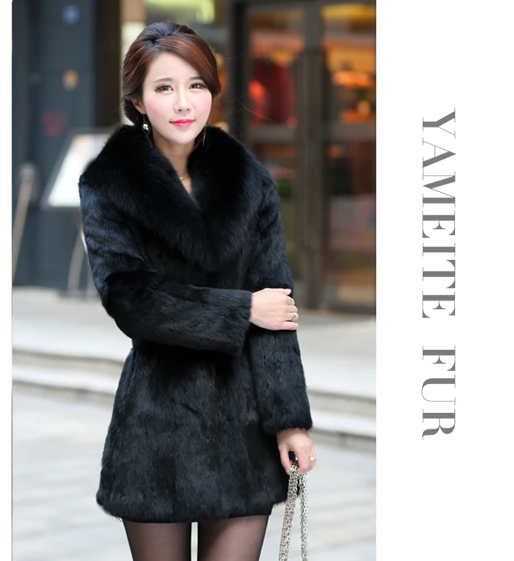 New  Real genuine natural rabbit fur coat with fox fur collar Women's fashion fur jacket outwear warm winter