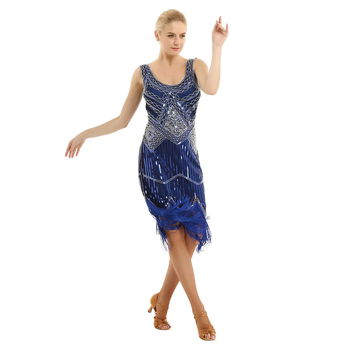 Womens Glitter Reflective Beaded Summer Dress for Jazz Dance Wear Fringed Tassels Hem Flapper Cocktail Leotard |