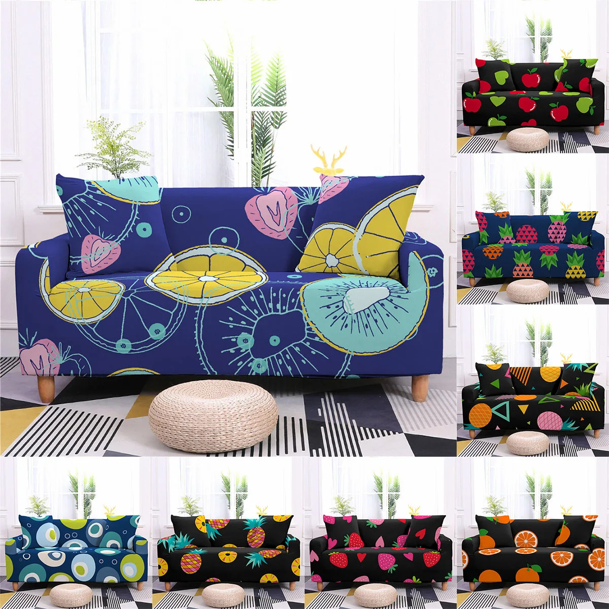 

Colorful Fruit Sofa Cover Living Room Decor Lemon Pineapple Dustproof Sofa Slipcovers Cartoon All-Inclusive Elastic Couch Covers