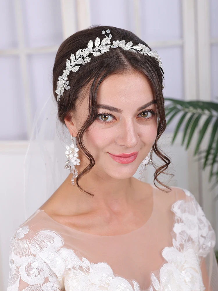 Свадебный головной убор повязка в виде листьев розовое золото серебро жемчужные