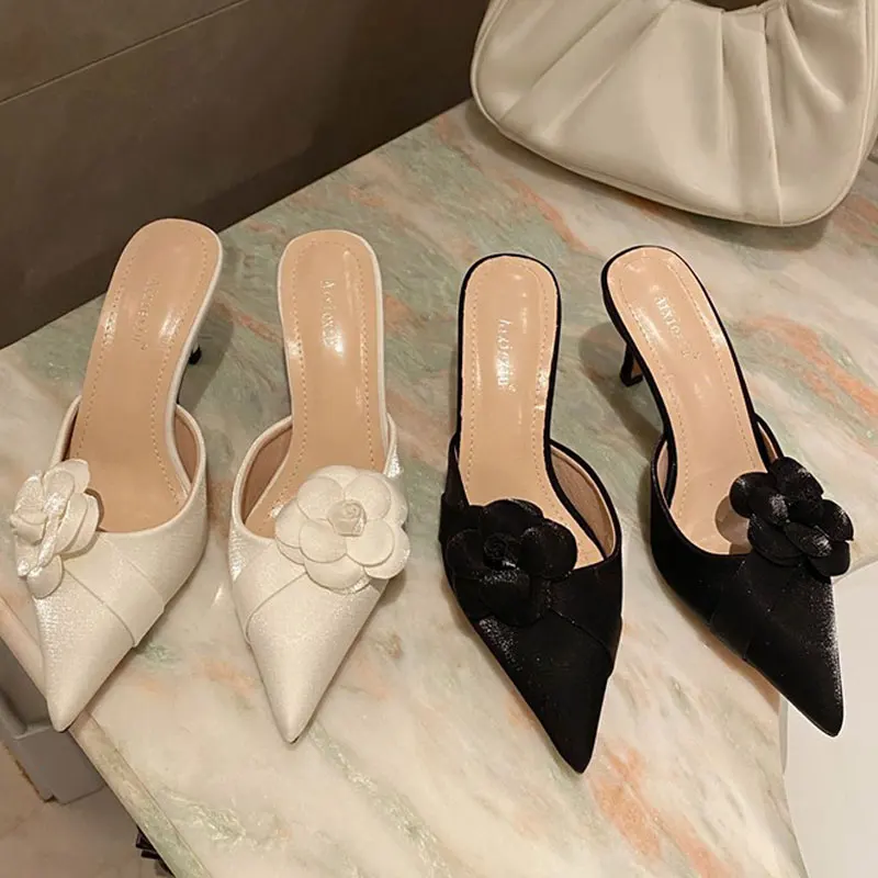 

New Brand Summer Woman Pumps Fashion Silk High Heels Flower Decoration Pointed Toe Mules Slippers Ladies Prom Slides Shoes 35-39