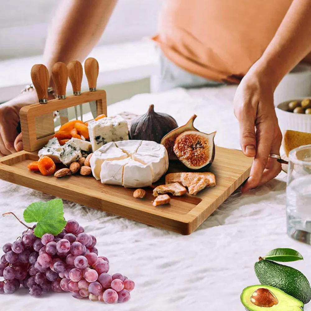 

1 Set Bamboo Cheese Board Cutting Board with Stainless Steel Knives (Khaki)