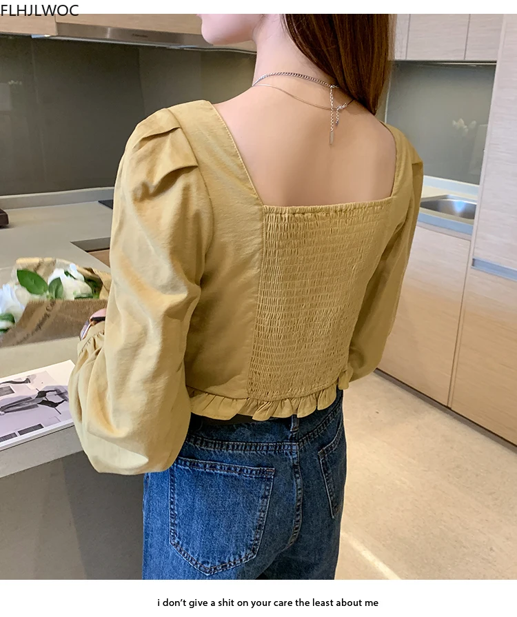 

Short Crop Tops 2020 Fall Autumn Long Sleeve Solid White Basic Shirts Date Girls Women Cute Square Collar Top