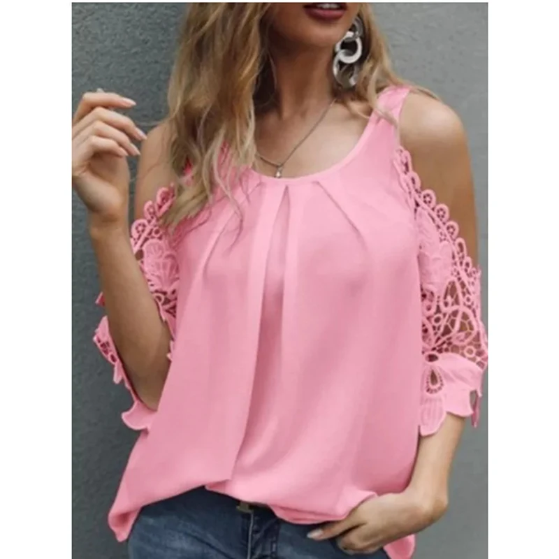 

2021 Women Off Shoulder Blouse Summer Sling Hollow Out Sleeve Solid White O-Neck Plus Size 4Xl Ladies Leisure Shirt Top Sj7871R