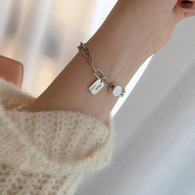 

Vintage Square Brand Letter LUCK 925 SterlingThai Silver Fashion Lock Chian Bracelet For Women