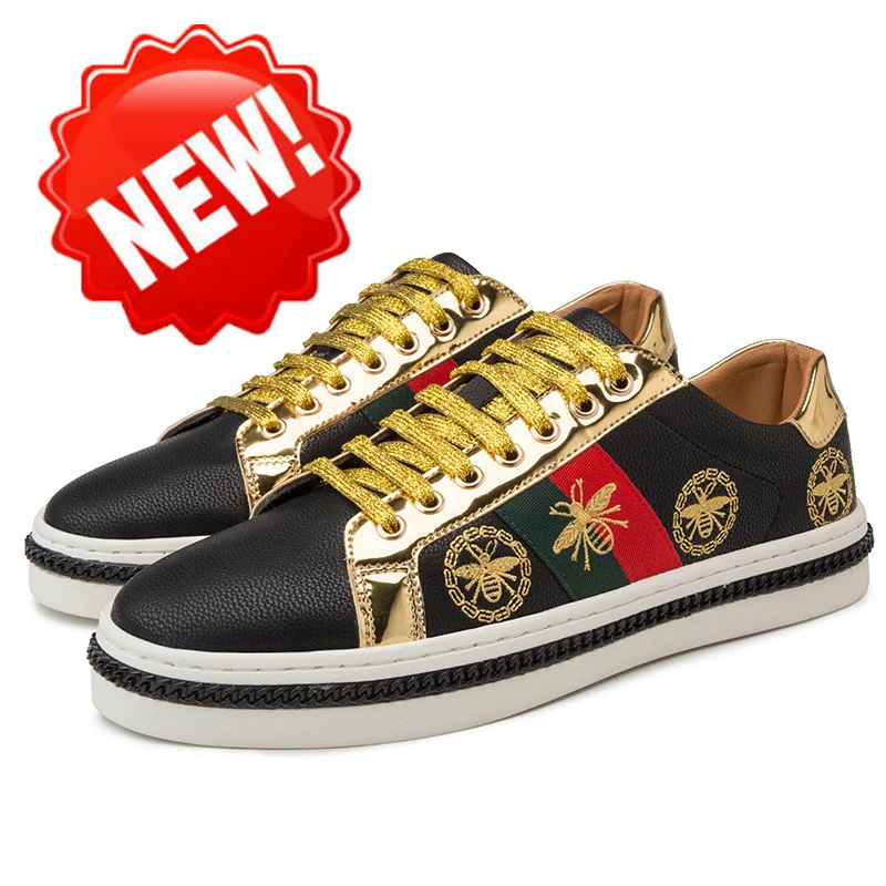 

New Fashion Bee Embroidery Golden Mens Shoes Casual Outdoor Low Flats Men Casual Shoes Couple Glitter Sneakers zapatos de hombre