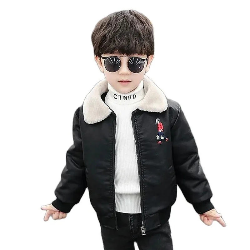 

Winter PU Leather Jacket For Boy New 2022 Korean Version Plus Velvet Thicken Fashion Fur Lapel Coat Casual Children's Clothing